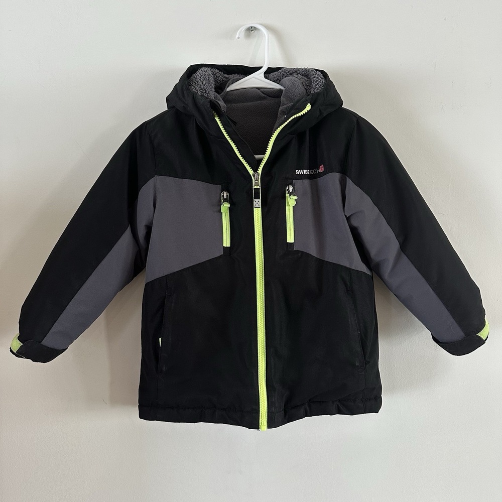 Swiss Tech Boys Black Small XS 4/5 Fleece Lined Hooded Jacket Coat Double Layer